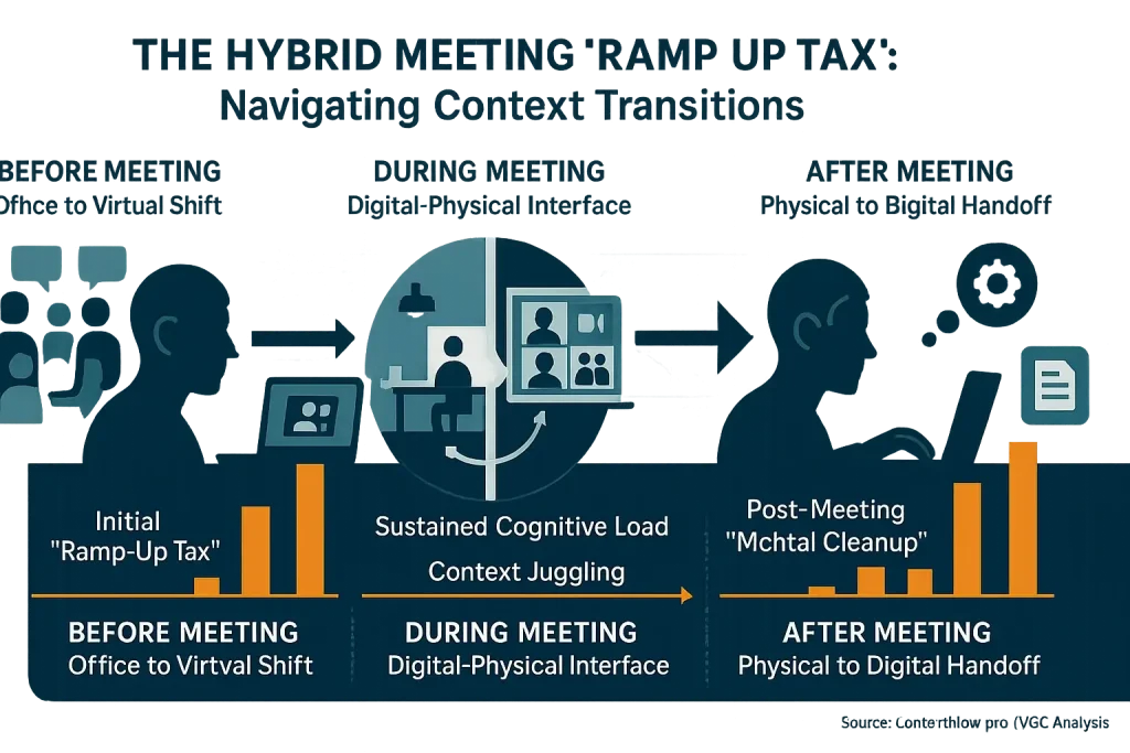 Infographic: Visualizing 'ramp-up tax' & cognitive load of hybrid meeting context switches—before, during, after.
