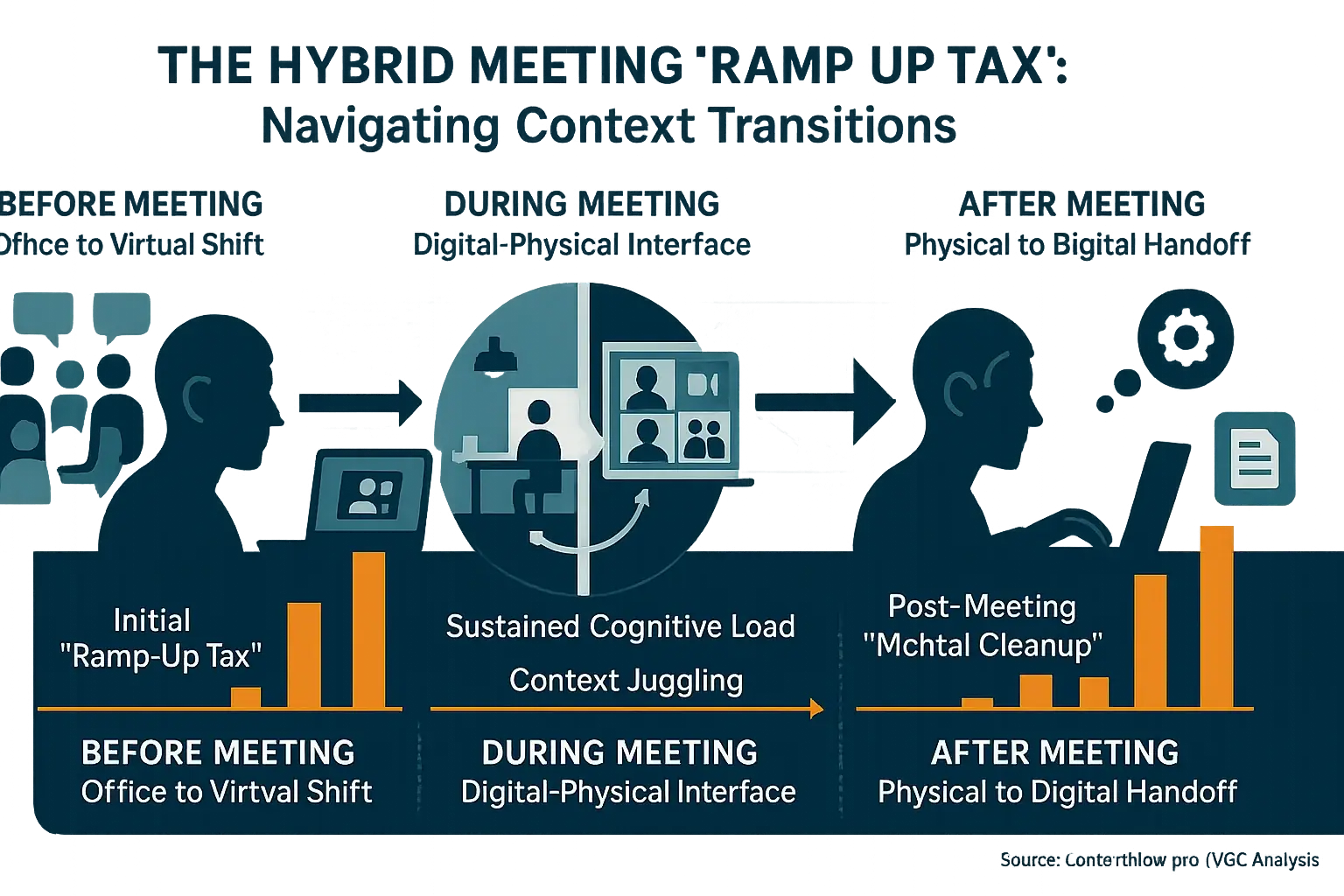 Infographic: Visualizing 'ramp-up tax' & cognitive load of hybrid meeting context switches—before, during, after.