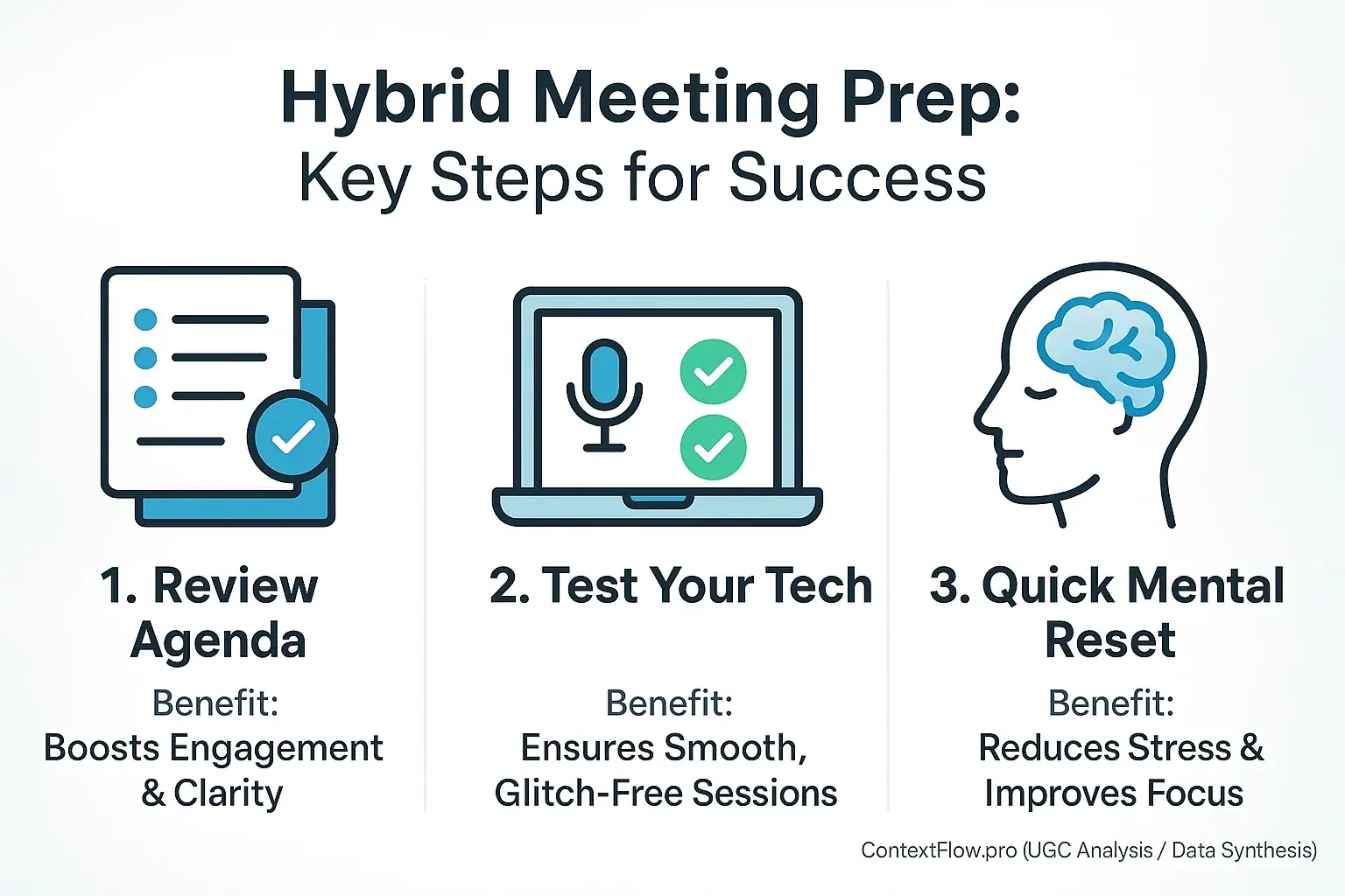 Infographic: Key pre-meeting prep steps for hybrid meetings, showing user benefits: reduced stress, improved focus.