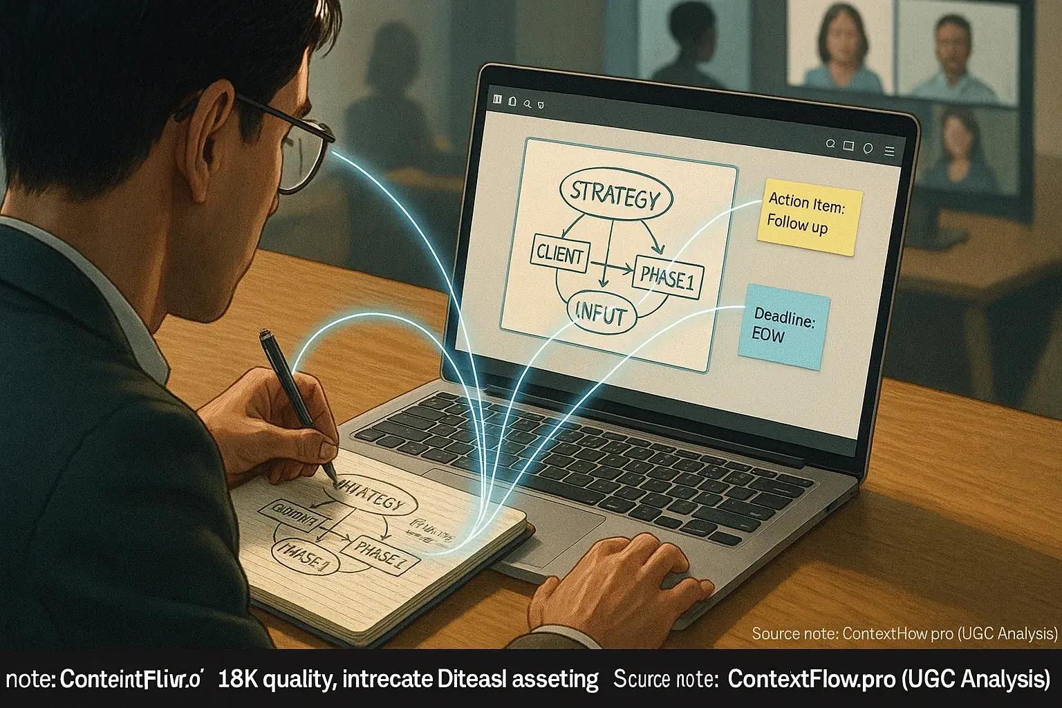 Hybrid meeting: person's focus split between notepad & screen, lines connecting ideas for seamless note sync.