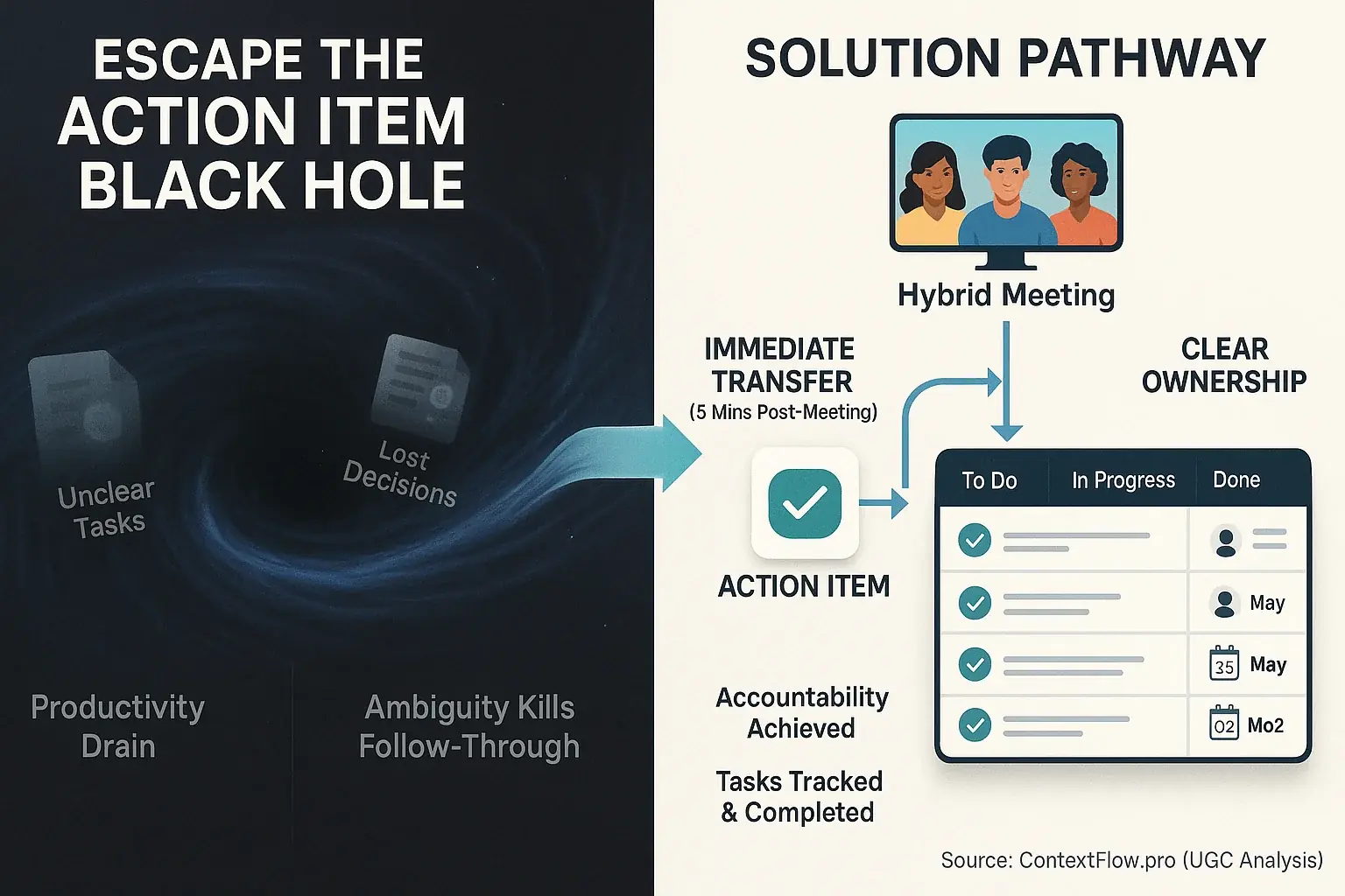 Infographic: 'Action Item Black Hole' & how user strategies like clear ownership stop tasks from vanishing post-call