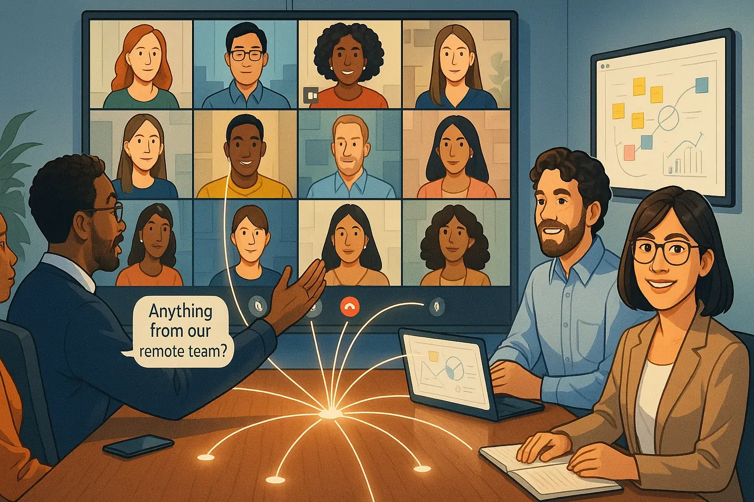 Equally engaged in-person & remote participants in hybrid meeting, connected by lines bridging engagement divide.