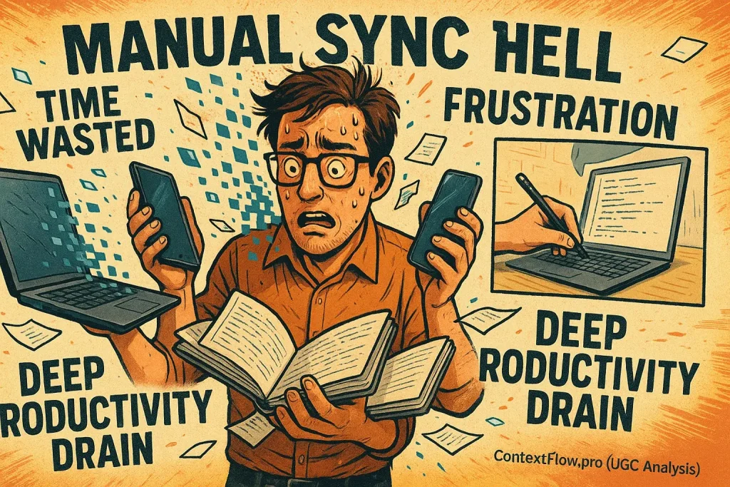 Overwhelmed person juggles devices & notebooks; 'Time Wasted' & 'Frustration' labels show manual sync's fragmented chaos.