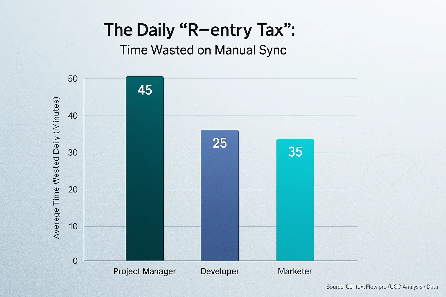 Bar chart: Daily &#x27;re-entry tax&#x27; in time: Project Managers 45m, Marketers 35m, Developers 30m from manual data re-entry.