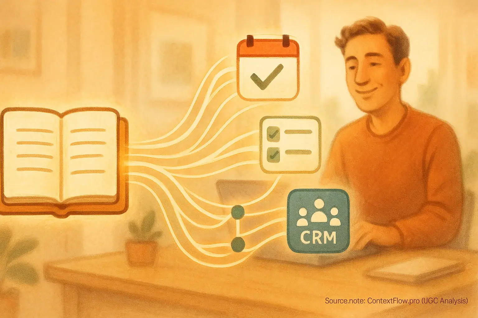 Data flows between notebook and apps, automating tasks for a happy, focused user via seamless integration.