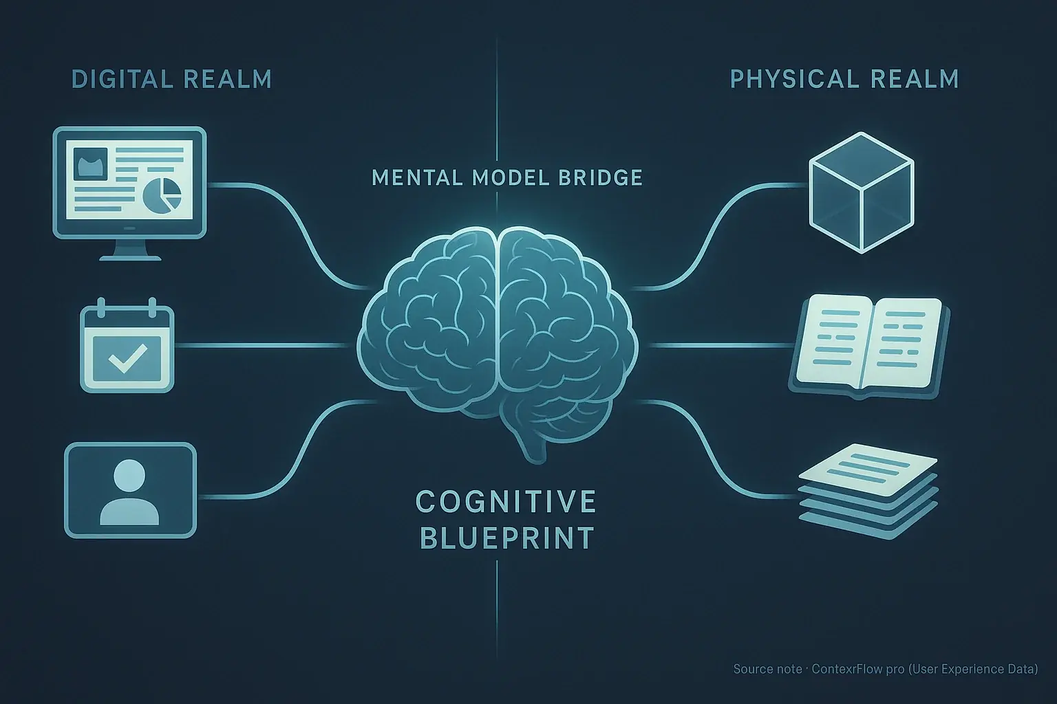 Infographic: Brain mind map visualizing a hybrid work mental model with seamless digital-physical task integration.