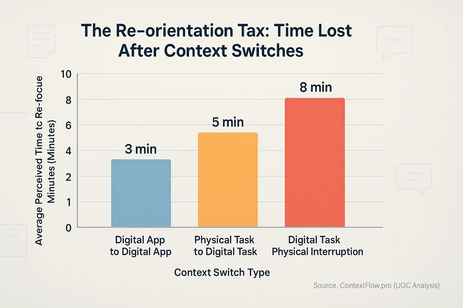 Bar chart: Perceived time lost re-orienting from digital/physical context switches, justifying hybrid mind maps.