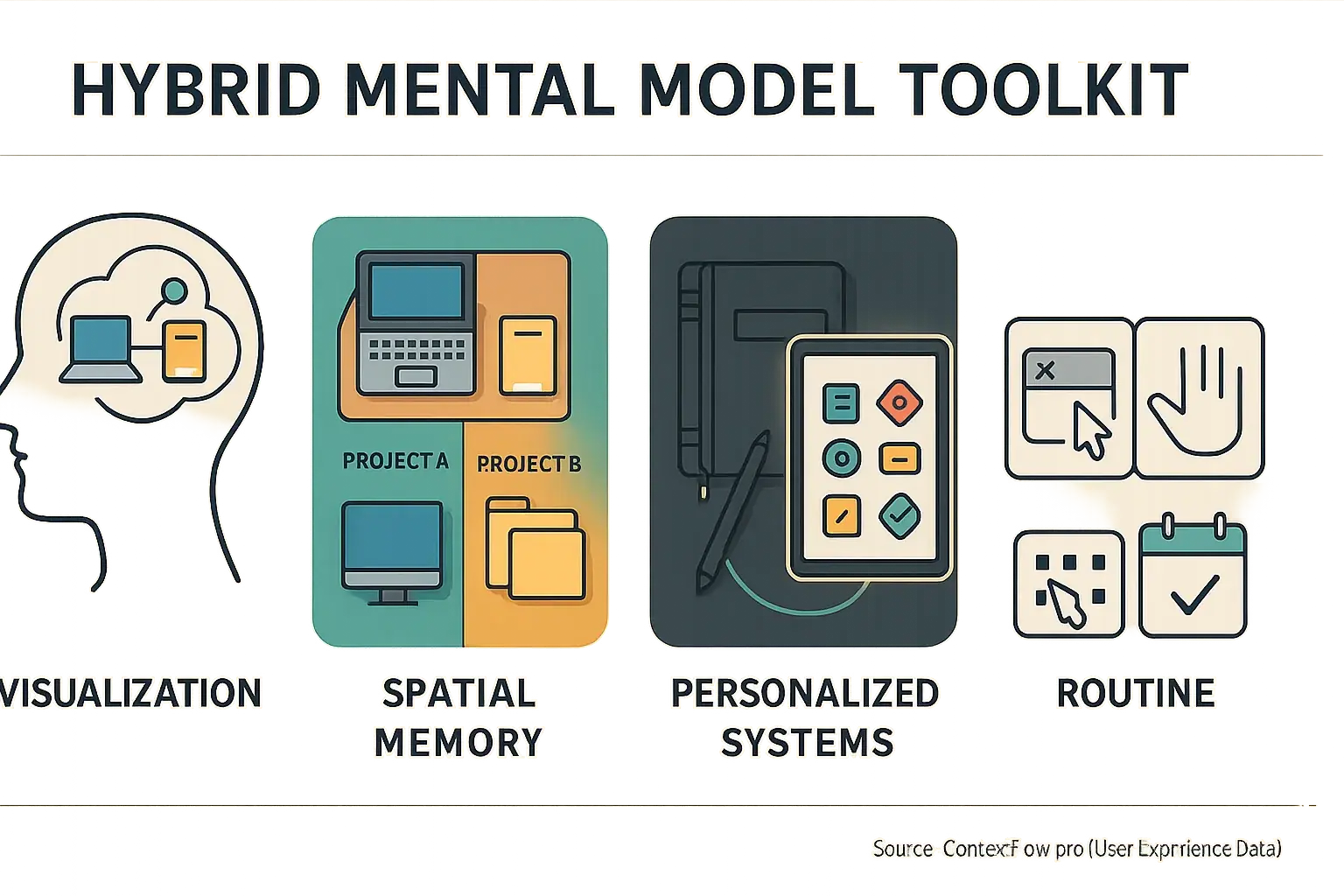 Infographic: Hybrid mind map toolkit—visualization, spatial memory, personalized systems, routine—each with an icon.