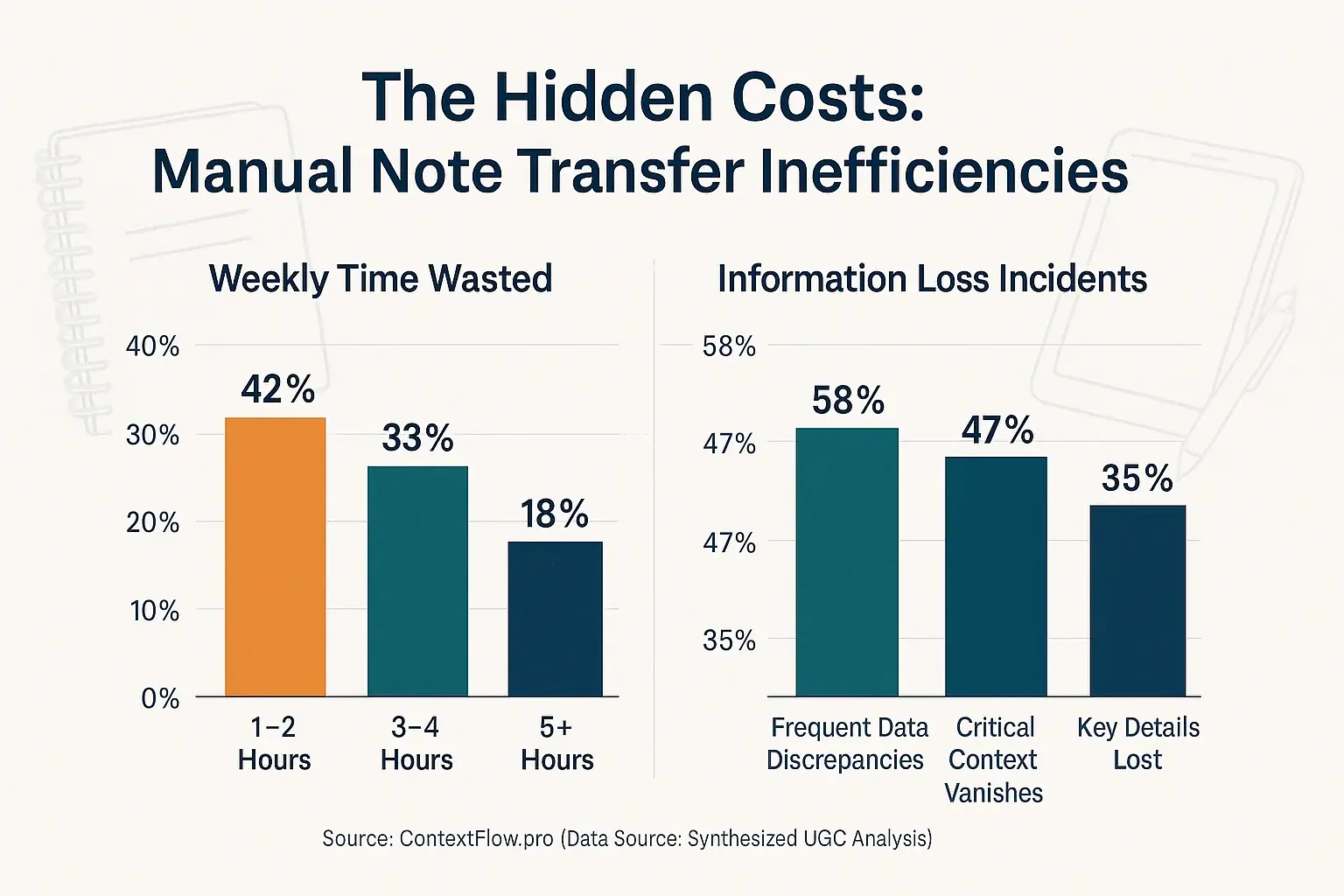 Bar chart: User-reported percentages show high time waste & frequent data discrepancies from manual note transfer.