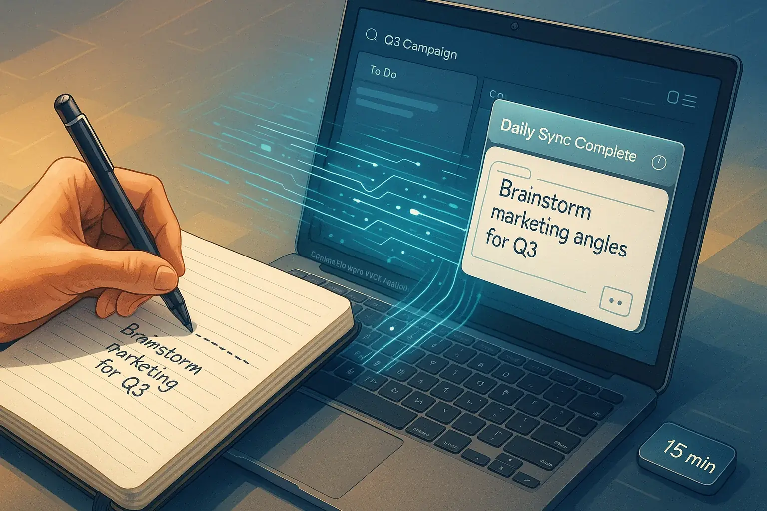 Smart notebook writing flows to a digital device, showing seamless transfer, preserved context and organization.