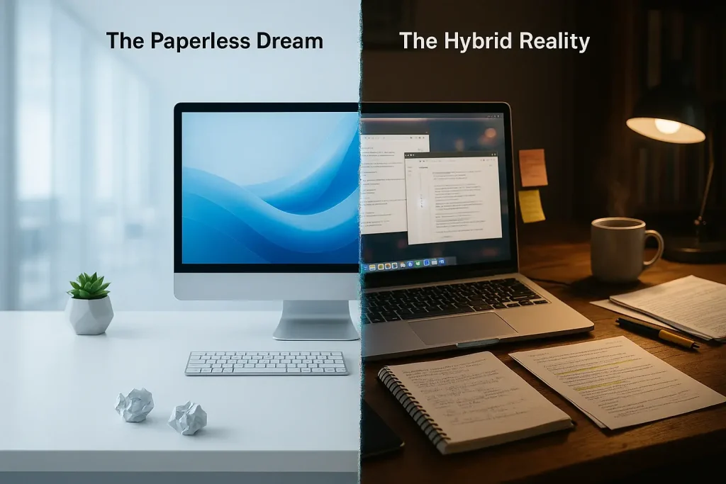 Idealized paperless desk dream contrasts a realistic hybrid desk with screens & paper, highlighting their disconnect.