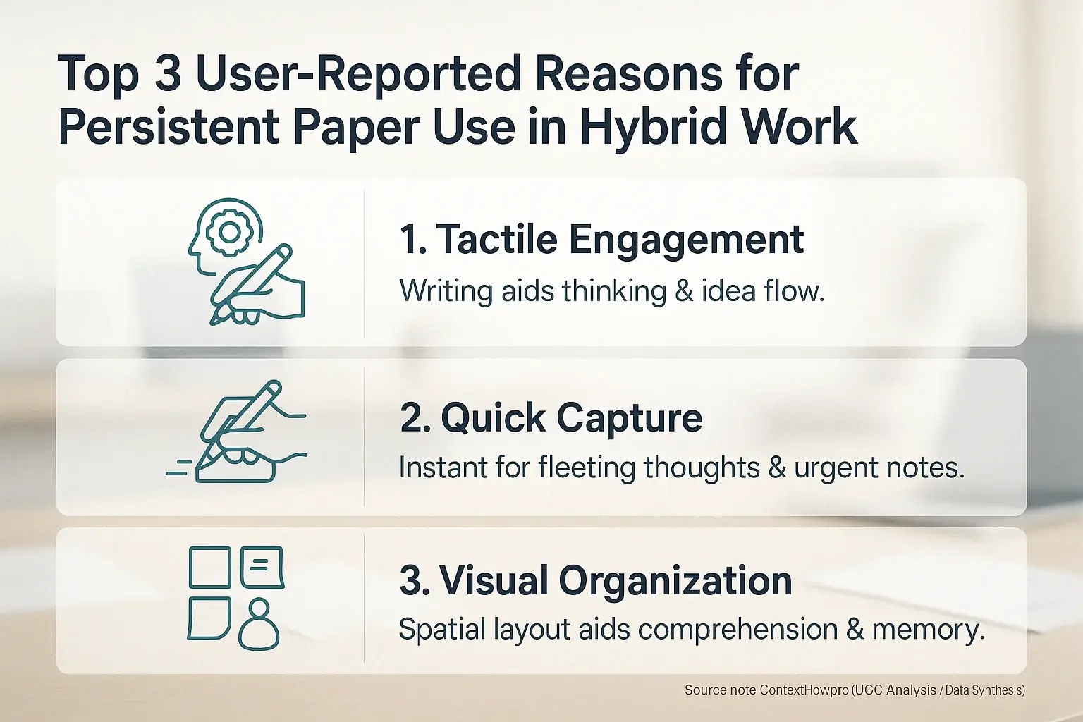 Why users stick to paper: Infographic shows top 3 reasons—tactile memory, quick notes, visual organization—with icons.