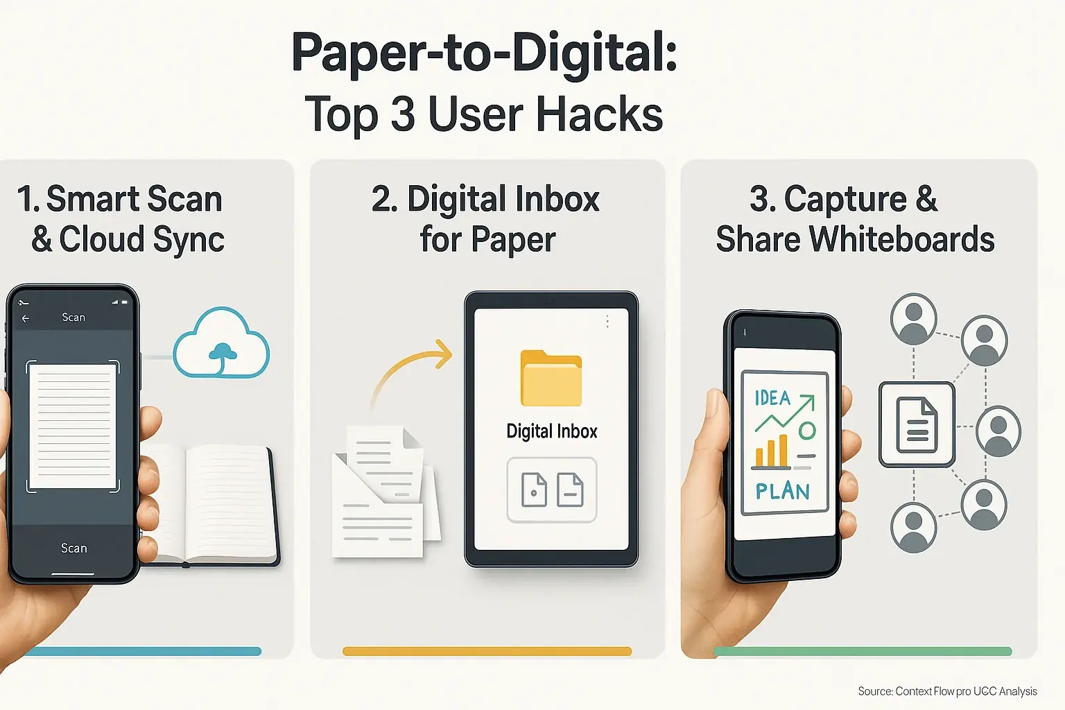 Infographic with clear visuals of 3 paper-digital workflow hacks: smart notebooks, scanning apps, digital inbox. Source