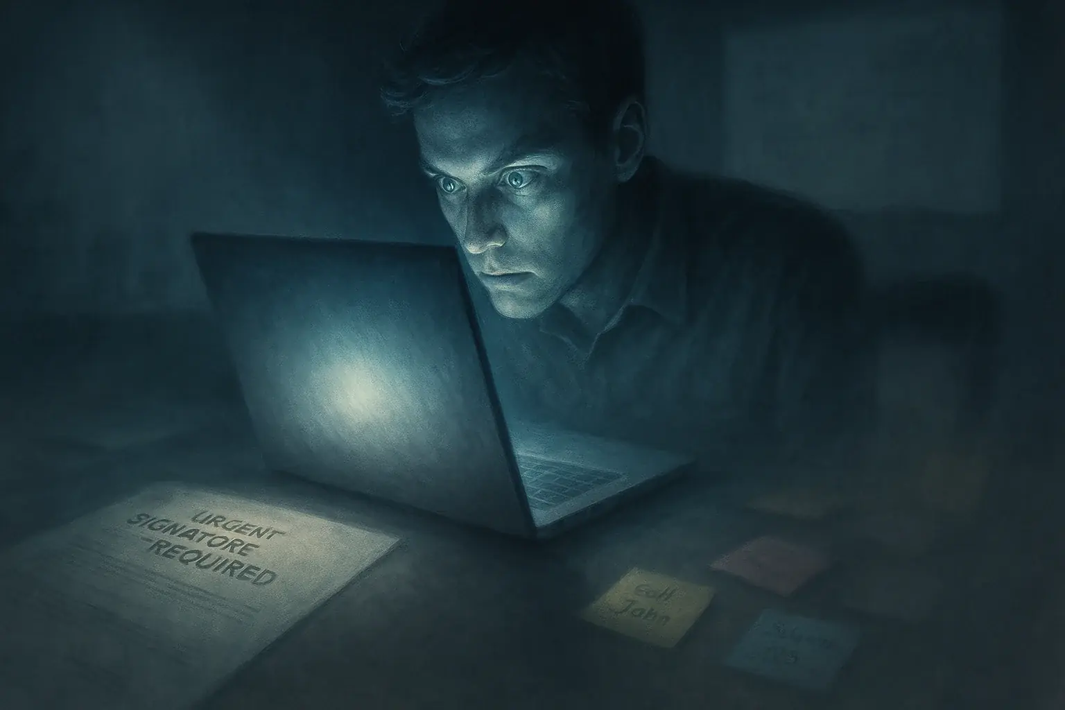 User absorbed by glowing laptop; physical sticky notes & whiteboard blur, ignored, illustrating peripheral blindness.