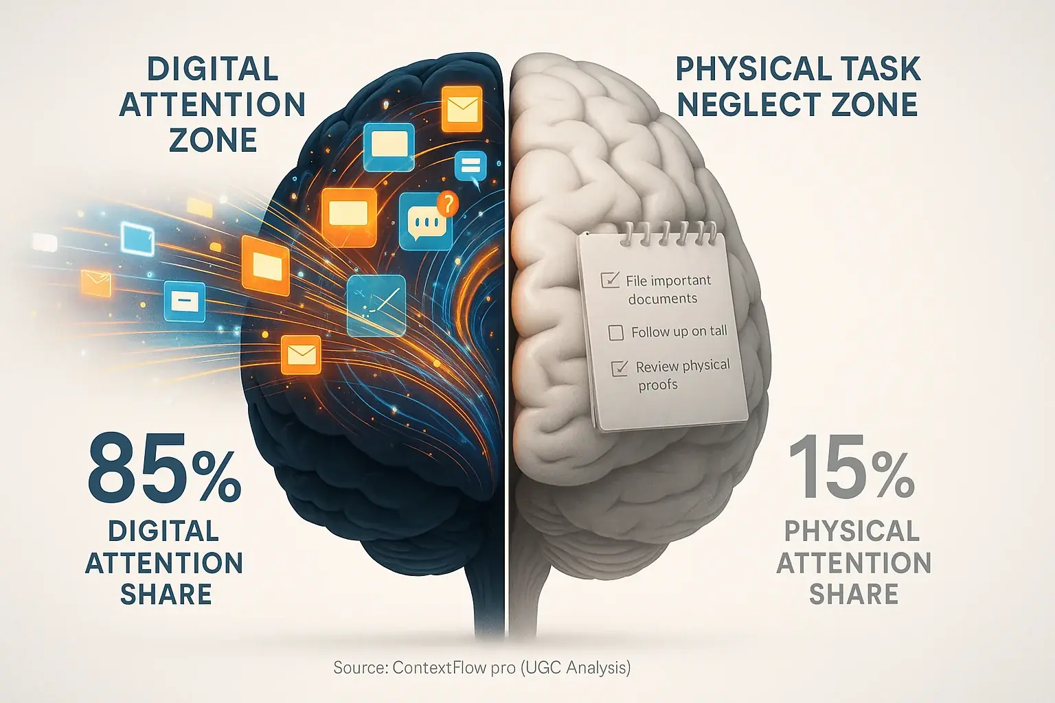 Split brain: Digital notifications overwhelm one side; other shows fading notepad, signifying low physical attention share.