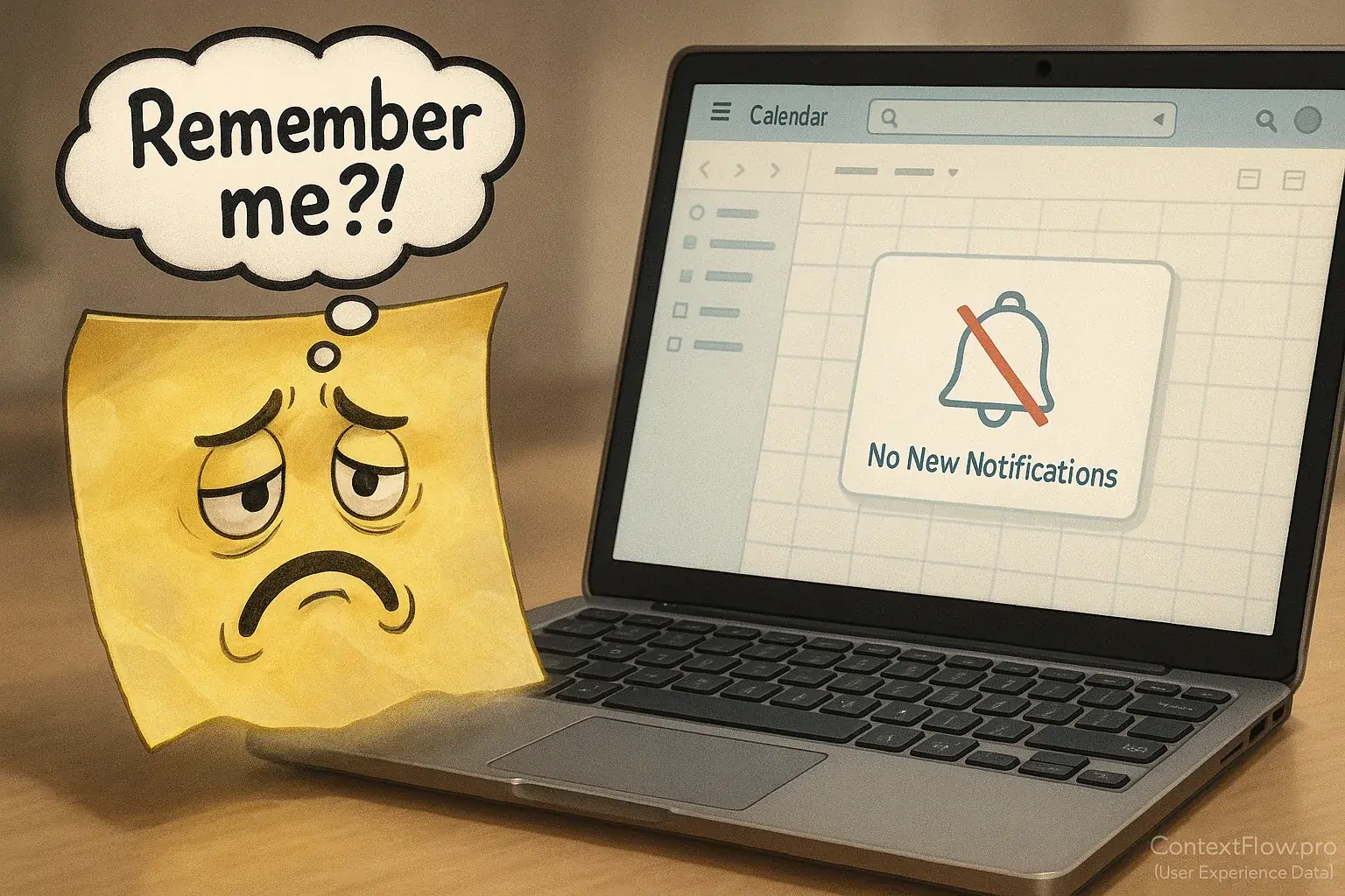 Sad, floating sticky note asks 'Remember me?' to laptop calendar with no notifications, showing unintegrated reminder risk.