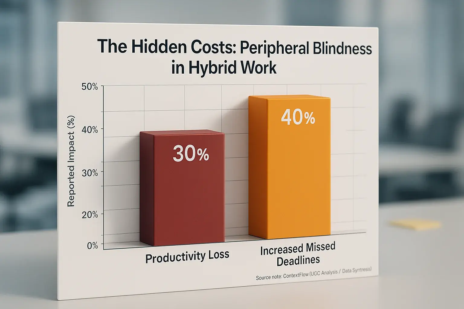 Bar chart comparing 30% productivity loss and 40% increased missed deadlines due to hybrid work peripheral blindness.