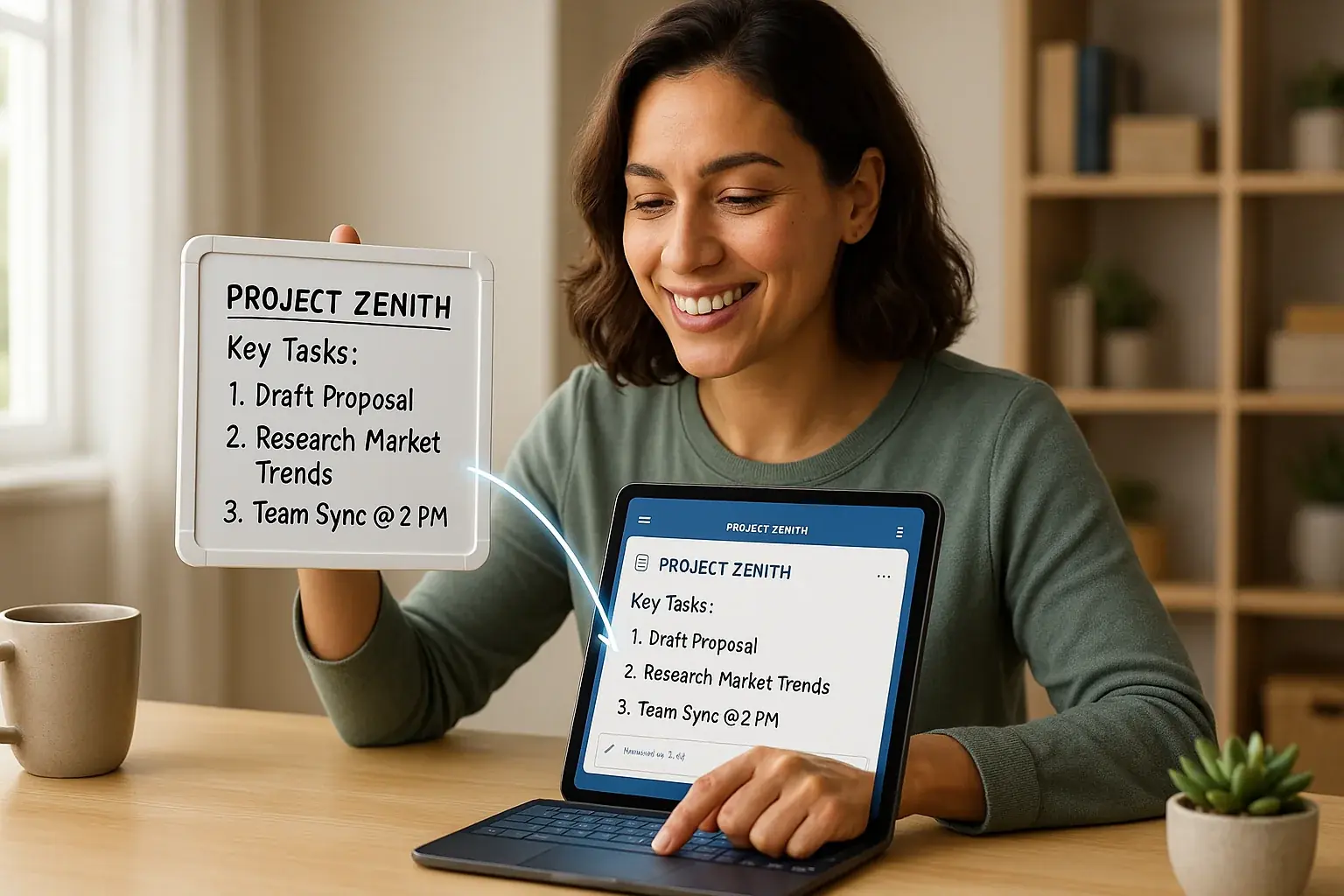 Hybrid worker's organized setup: physical notes seamlessly synced to tablet, enhancing task focus and clarity.