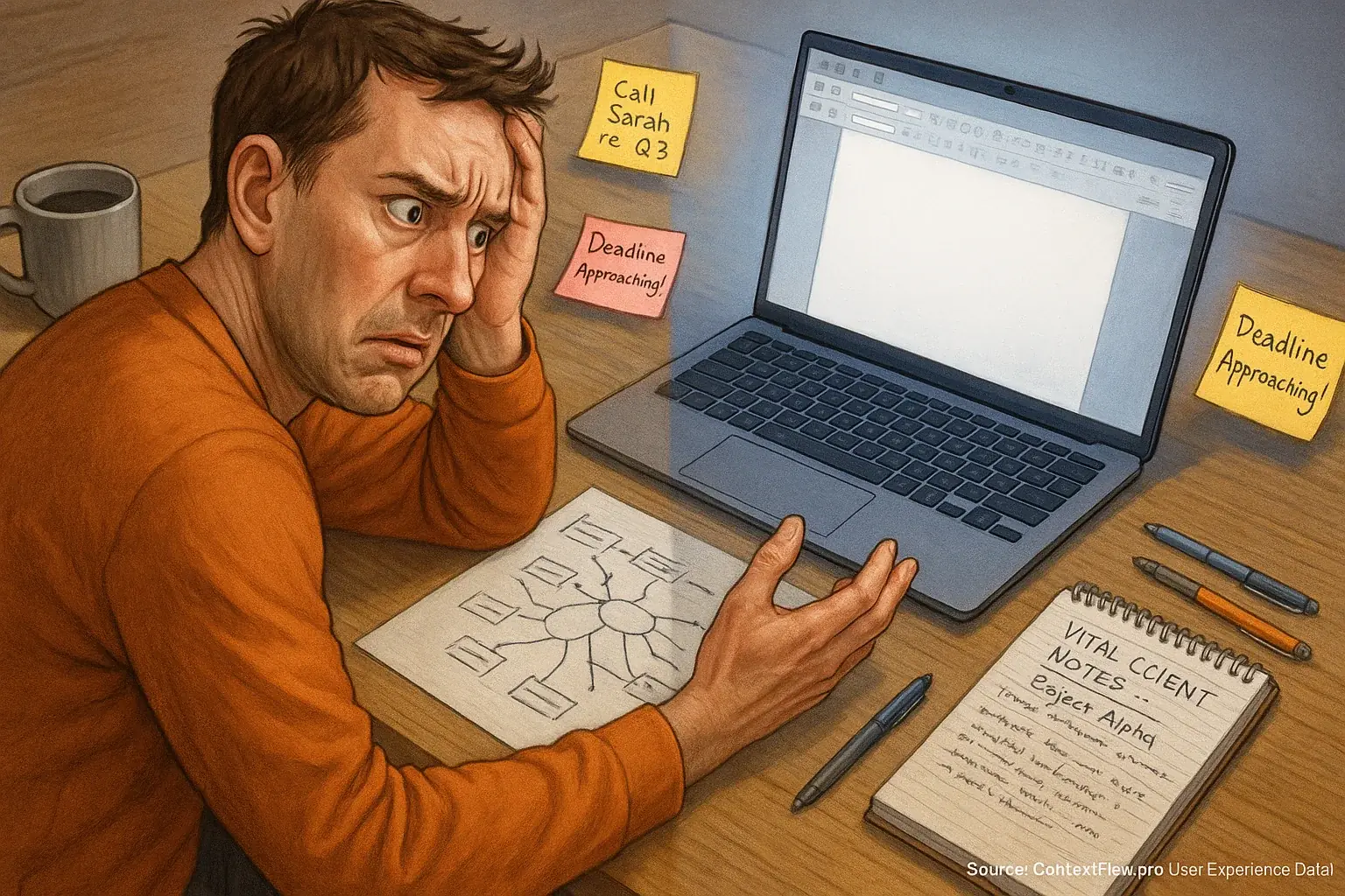 Frustrated hybrid worker's cluttered physical desk holds vital info, unlike their blank, disconnected digital tools.