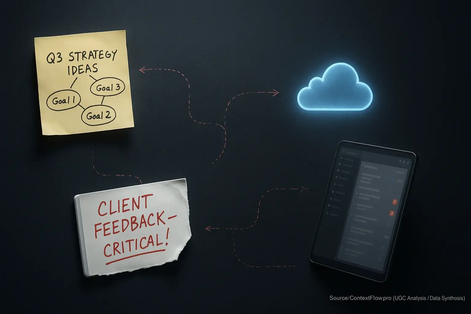 Fragmented digital notes, sticky notes, scribbles float apart; arrows fail to connect, showing resulting information silos.