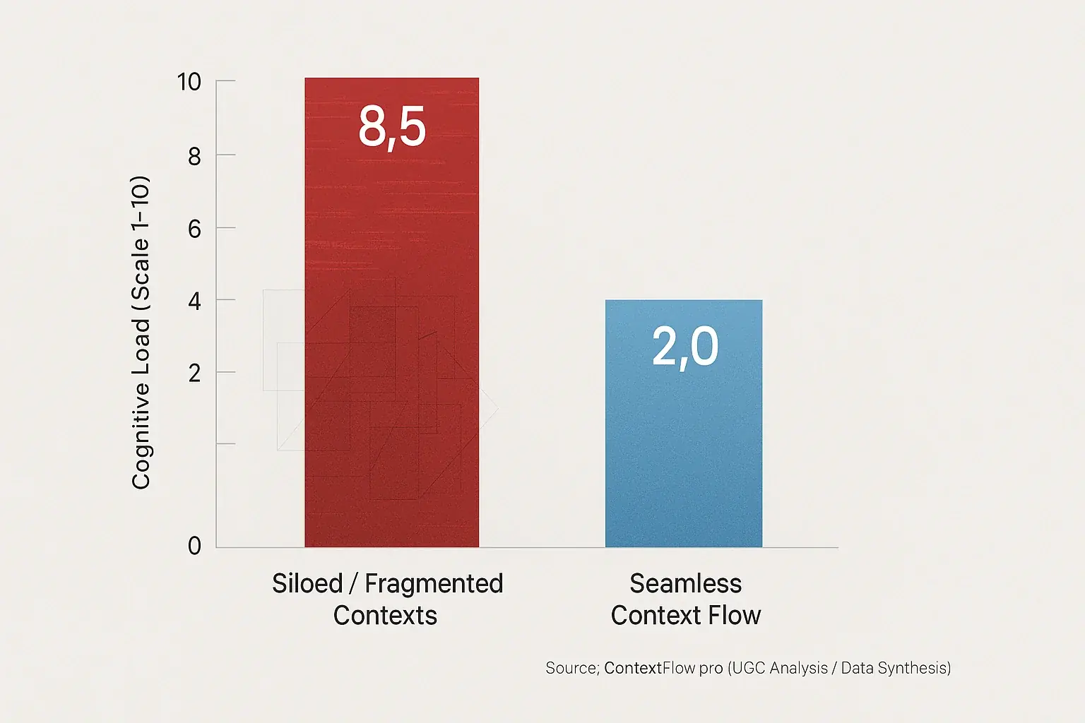 Conceptual bar chart: Fragmented contexts cause cognitive load (high bar) to skyrocket vs. seamless flows (low bar).