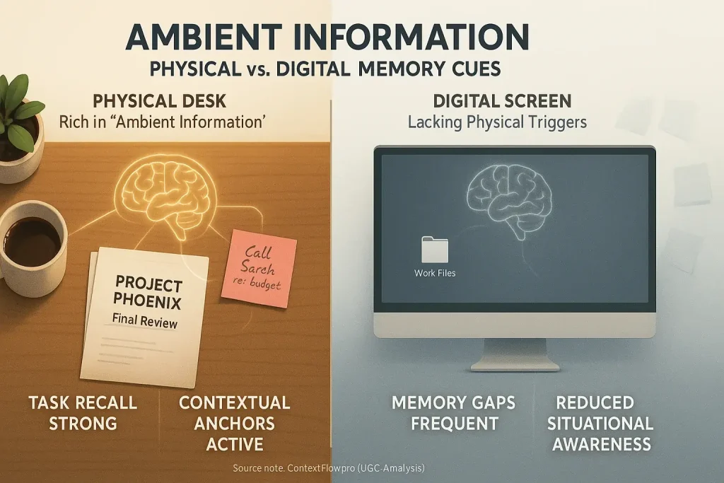 Infographic shows how physical desk objects are memory triggers, unlike digital screens lacking ambient information.