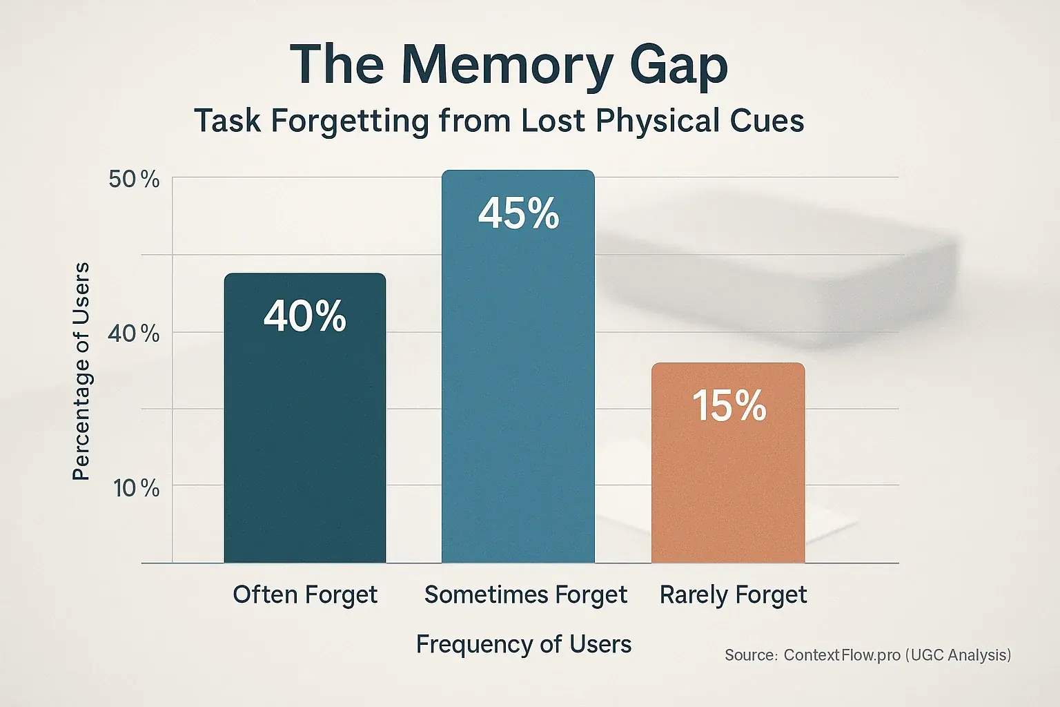Bar chart illustrating memory gap: Users forget tasks from lost physical cues—Often 55%, Sometimes 35%, Rarely 10%.