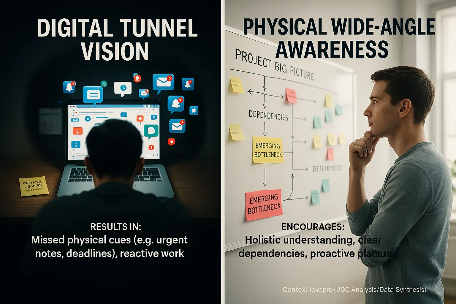 Infographic contrasts digital tunnel vision, missing cues, with a physical workspace's wider situational awareness.