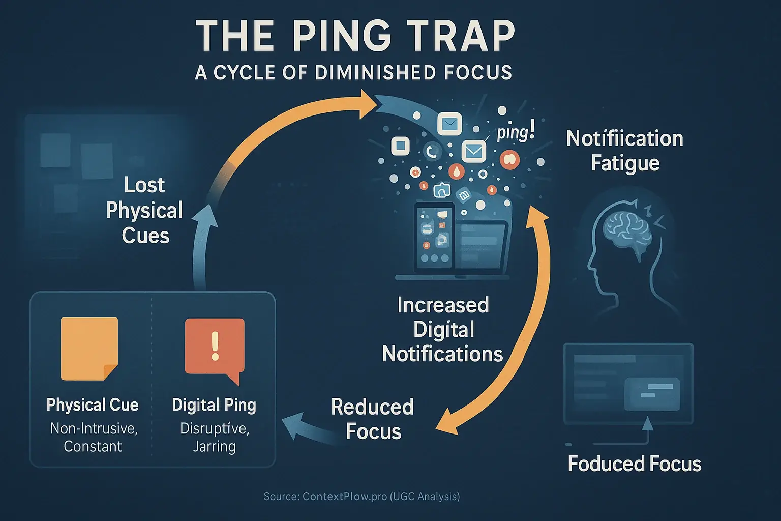 Infographic: The Ping Trap—digital pings failing to replace lost physical cues, creating a cycle of fatigue and poor focus.