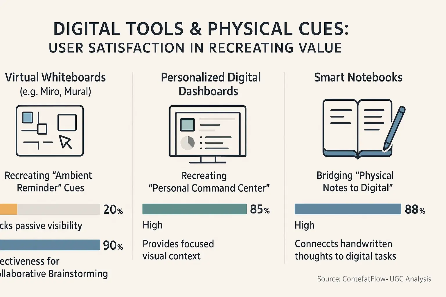 User satisfaction ratings reveal how well digital tools, like virtual whiteboards, recreate physical cues.