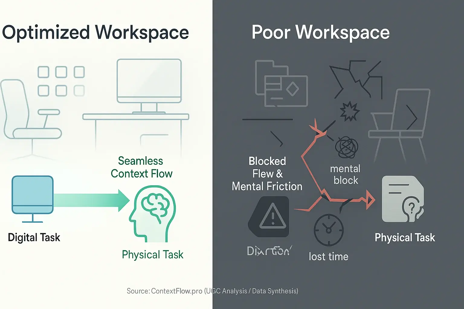Infographic: Abstract visuals contrast smooth context flow from good workspace design with blocked flow from poor design.