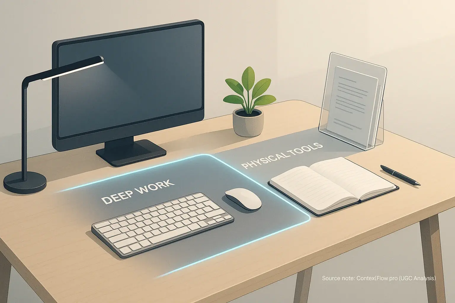 Ergonomic hybrid home office with dedicated work zones and strategically placed tools, designed for seamless workflow.