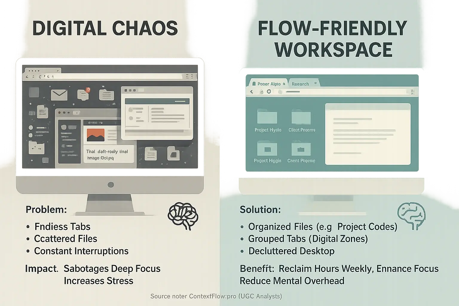Infographic: Digital clutter's visual chaos and mental strain vs. a flow-friendly workspace's calm and clarity.