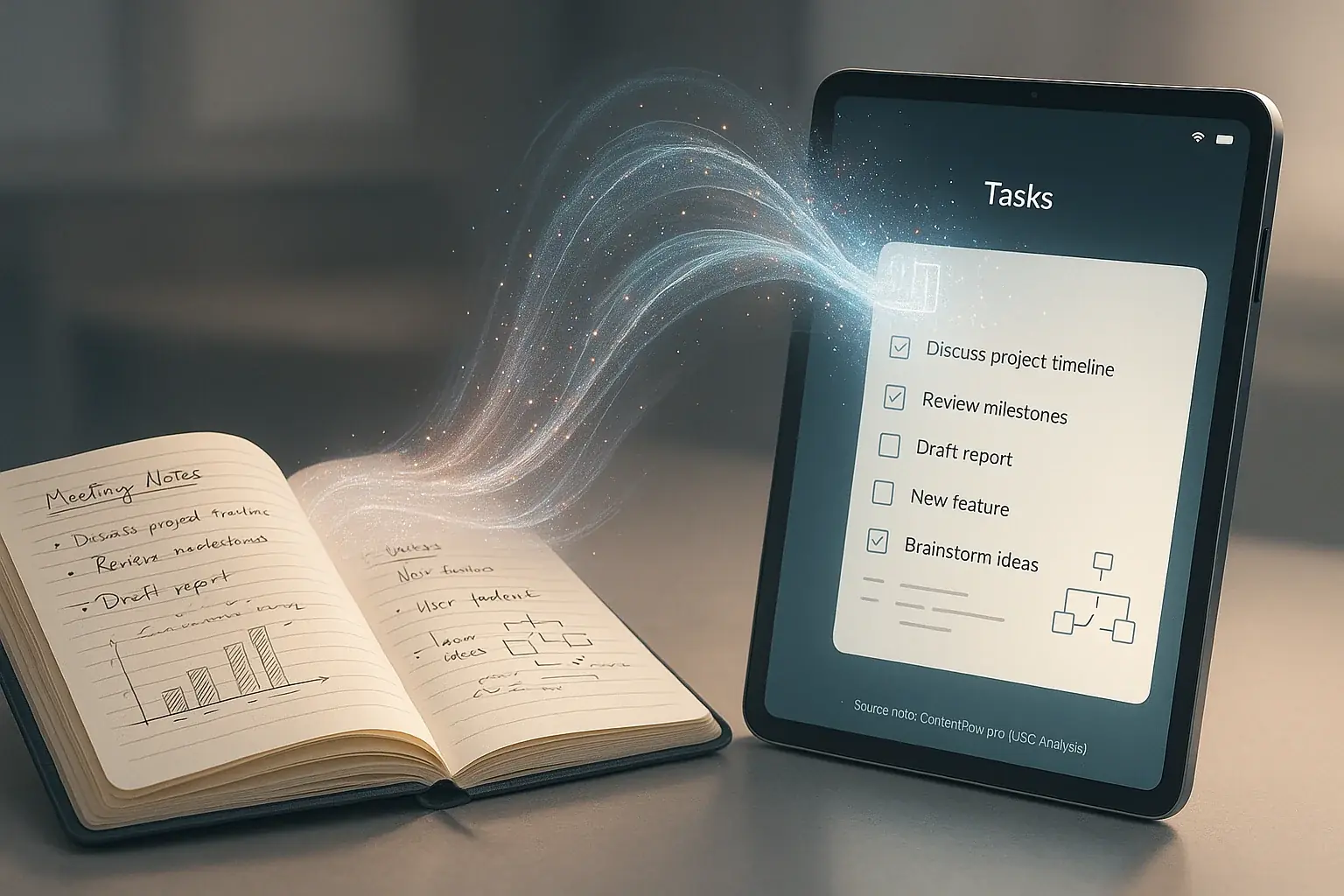 Dynamic invisible bridge linking physical notebook and digital screen, showing seamless data and task flow.