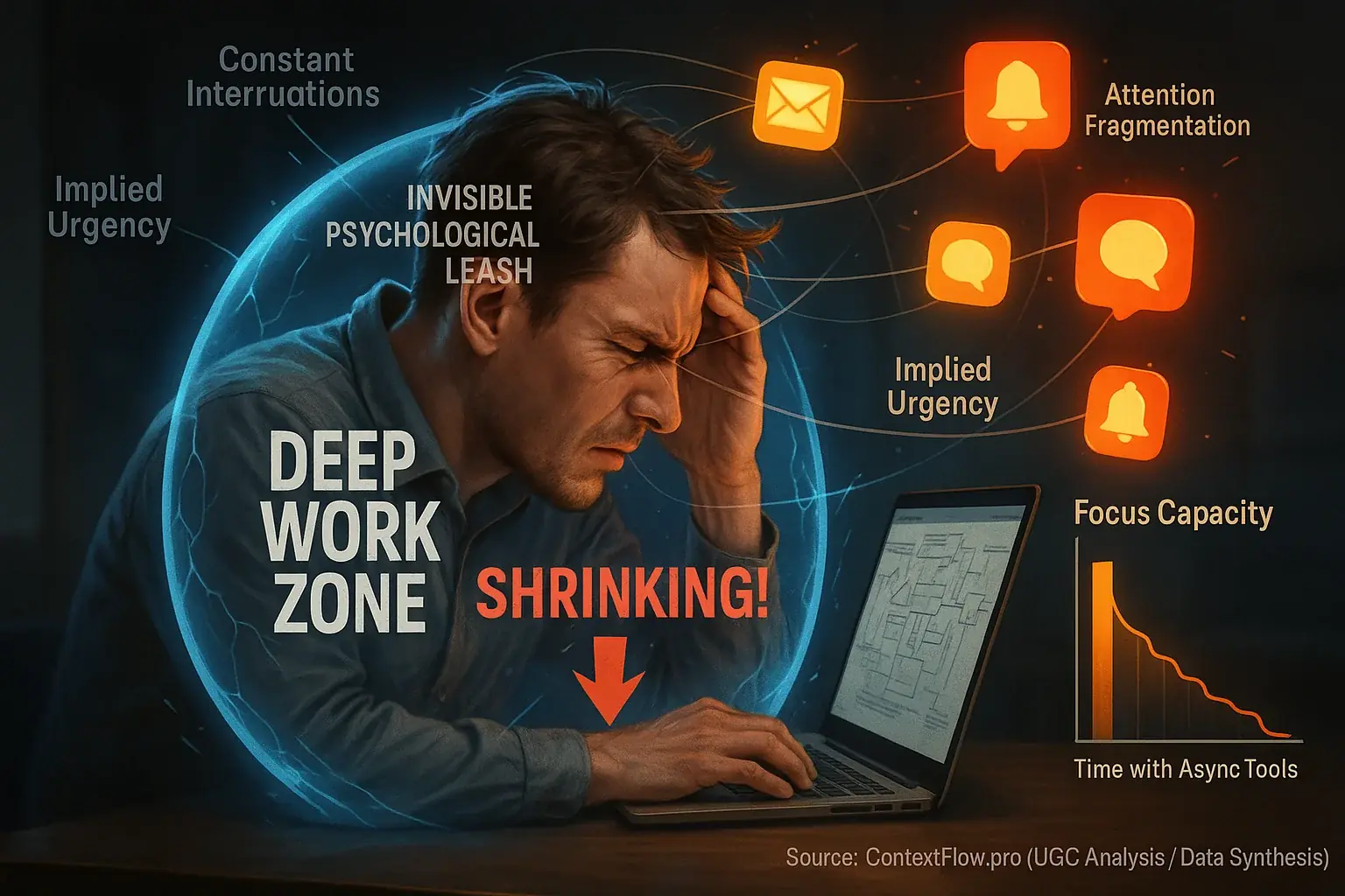 Laptop user's deep work paradoxically foiled by asynchronous notifications, shrinking their deep work zone.