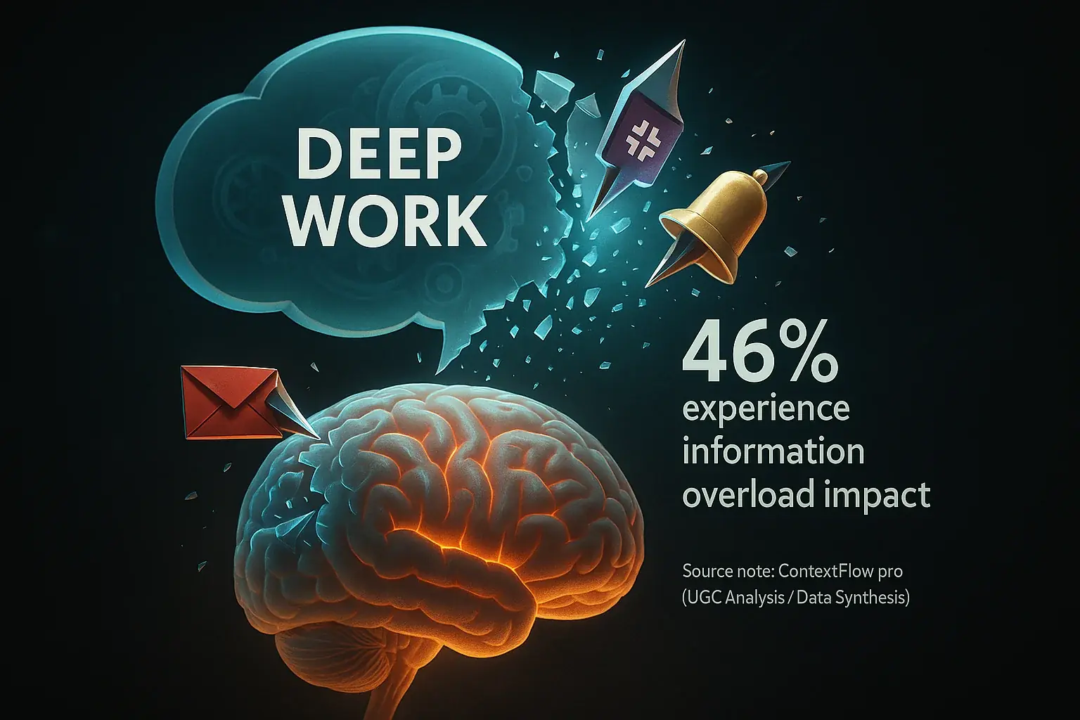 Intrusive notifications chip at a brain's deep work thought bubble, fragmenting attention from pings.