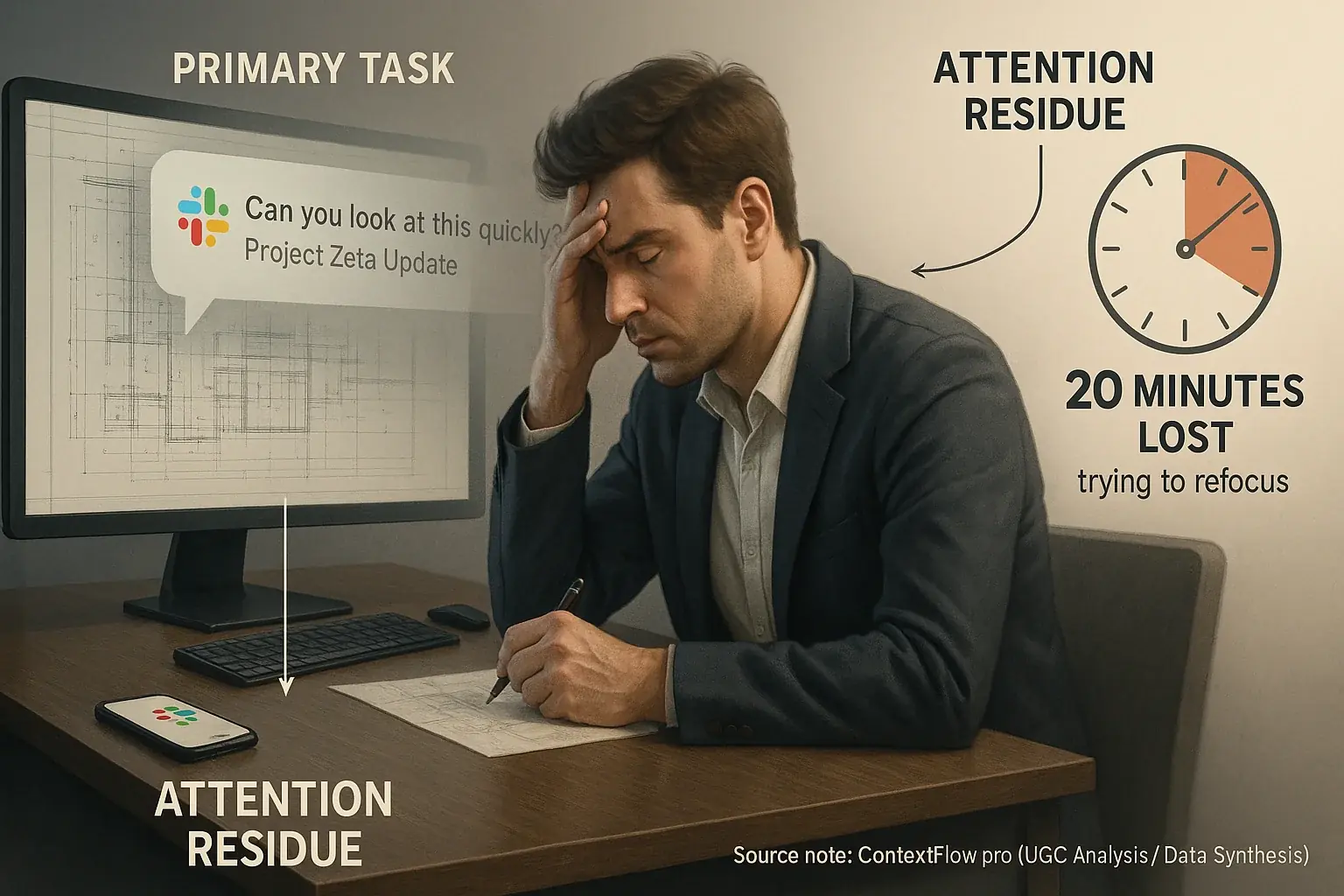 Worker interrupted, 'attention residue' (lingering task ghost) appears, showing lost focus & how deep work is hindered.