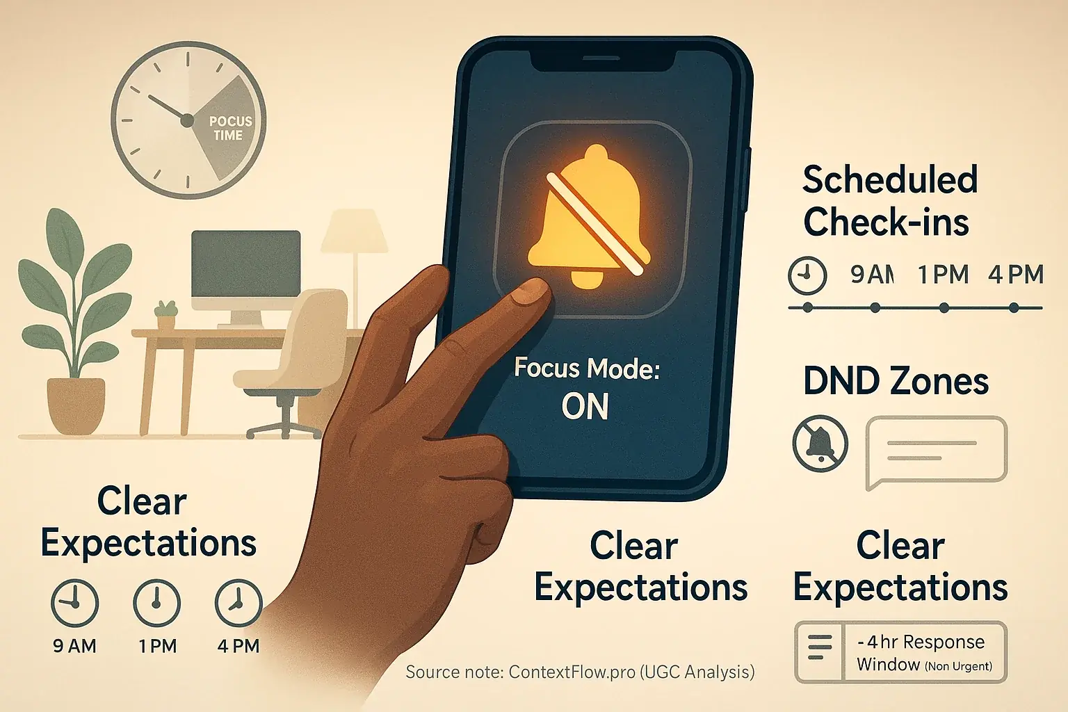 Stylized hand silences phone in calm workspace for focus. Strategies: Scheduled Check-ins, DND Zones, Clear Expectations.