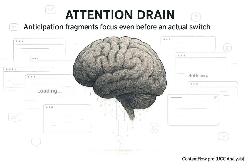 Brain with open tabs and sieve effect illustrates context switching fragmenting attention, causing reported focus decrease.