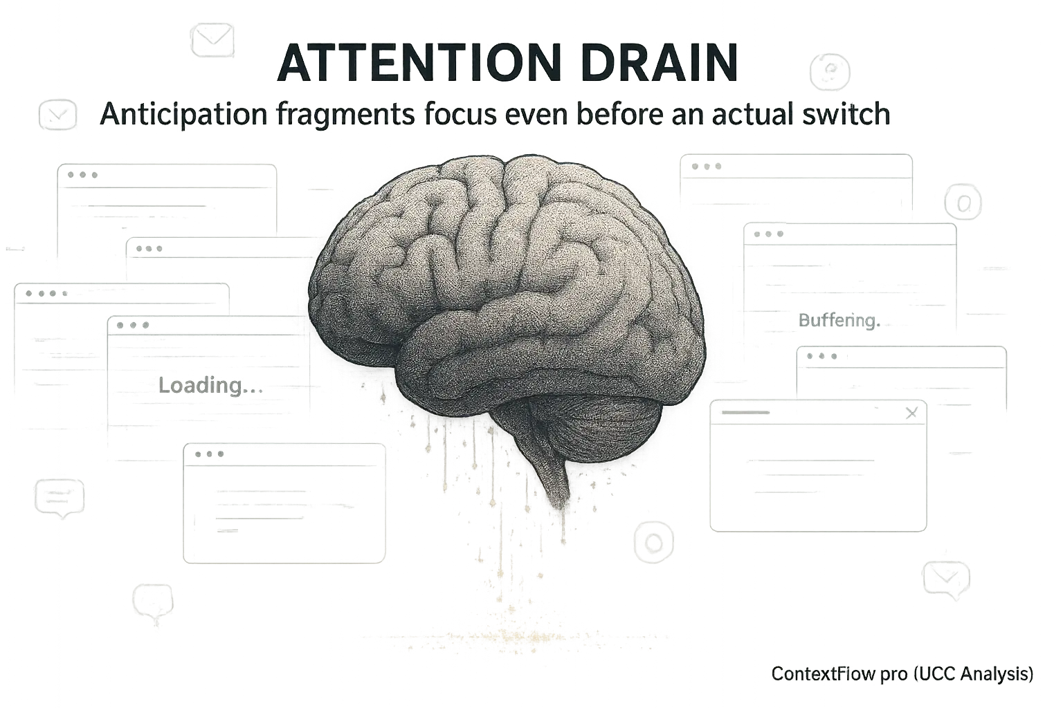 Brain with open tabs and sieve effect illustrates context switching fragmenting attention, causing reported focus decrease.