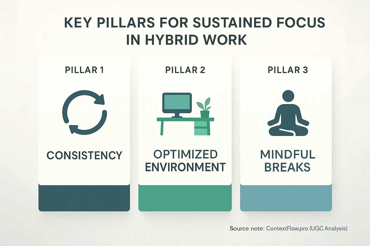 Infographic: Three pillars for hybrid work focus: Consistency, Environment Optimization, Mindful Breaks, with icons.