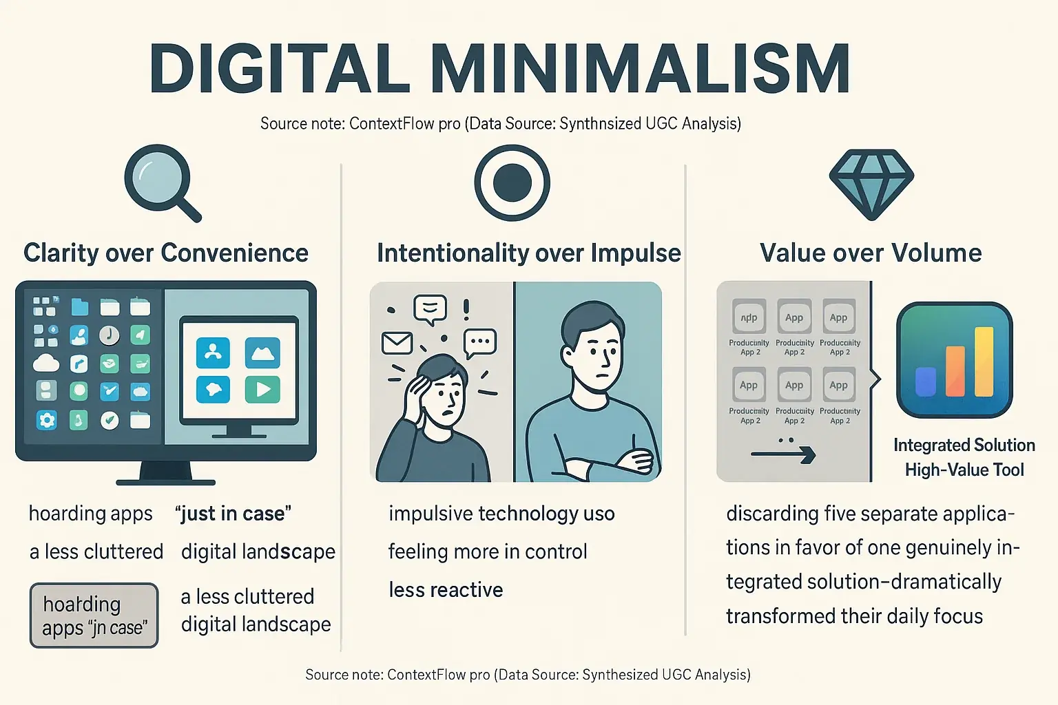 Digital Minimalism principles: Clarity over Convenience, Intentionality over Impulse, Value over Volume; icons & text for