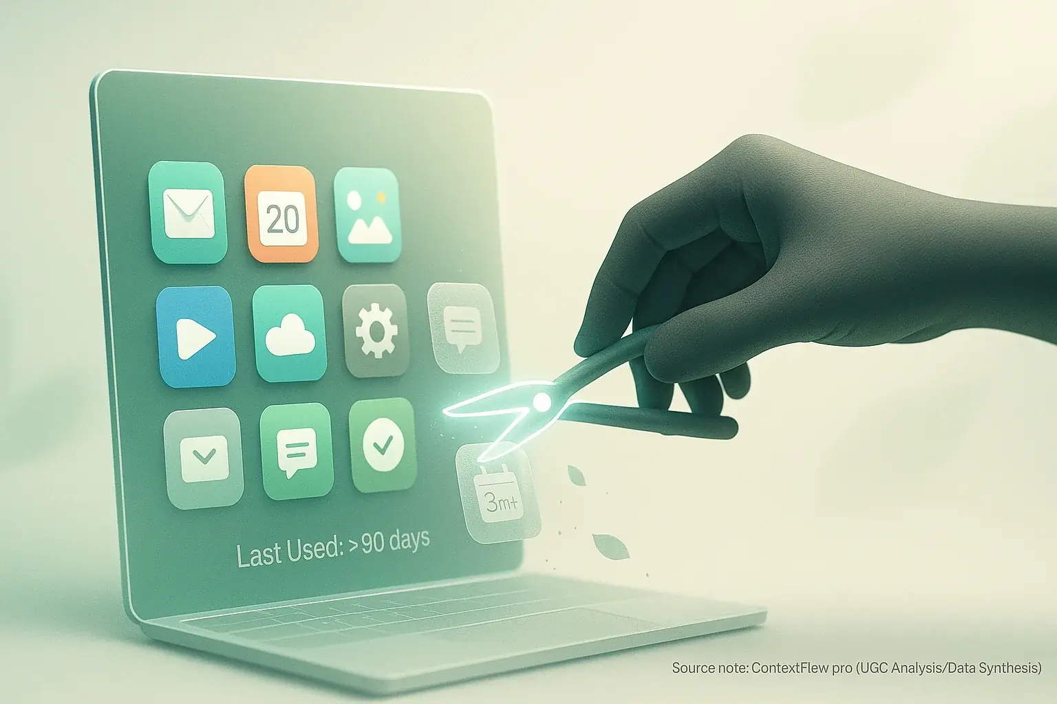 Hand pruning app icons from a screen, symbolizing app pruning to declutter your digital hybrid workflow.