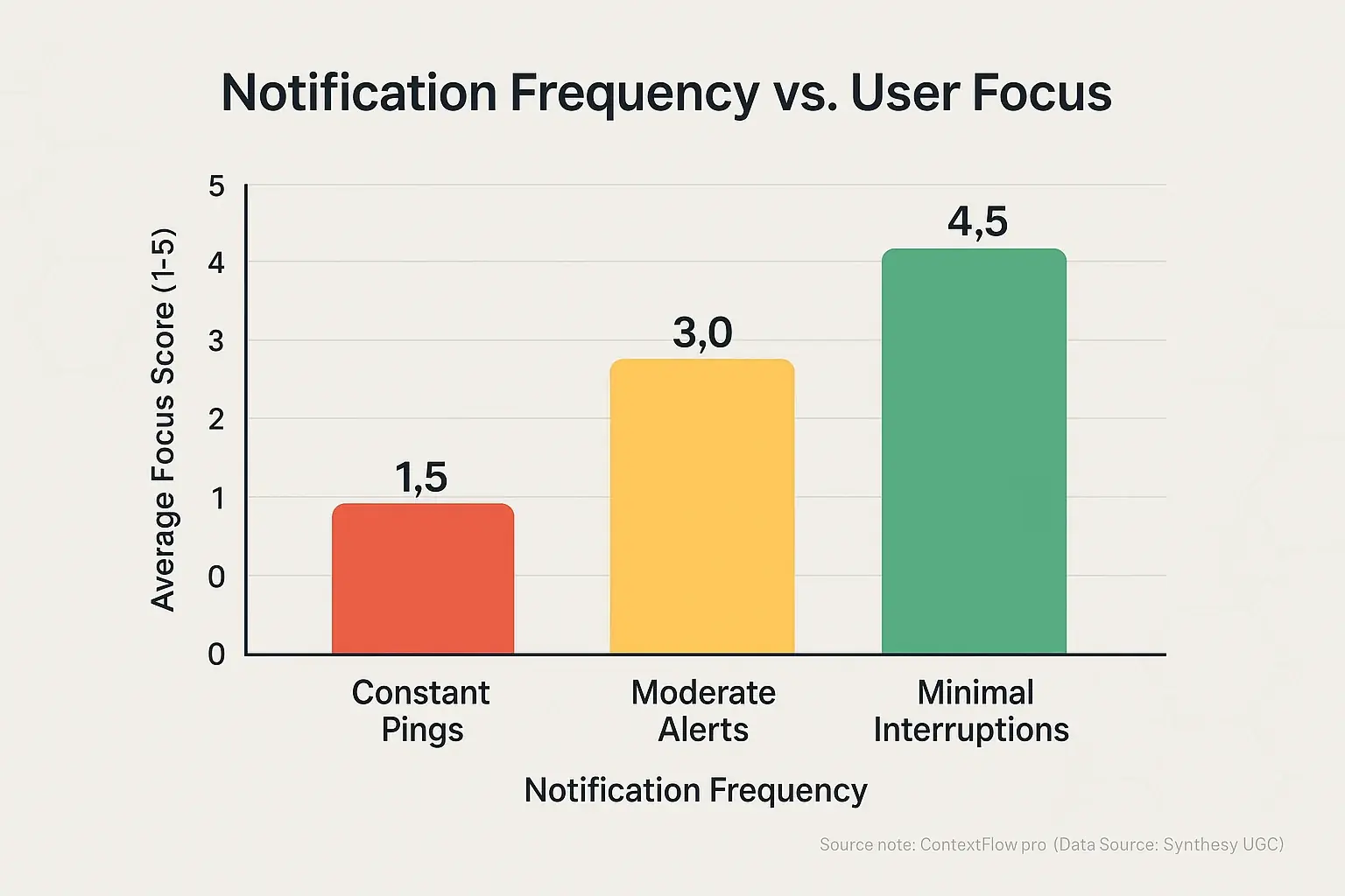 Bar chart: User-reported focus rises as notification frequency falls. Minimal frequency = highest focus. (ContextFlow.pro)