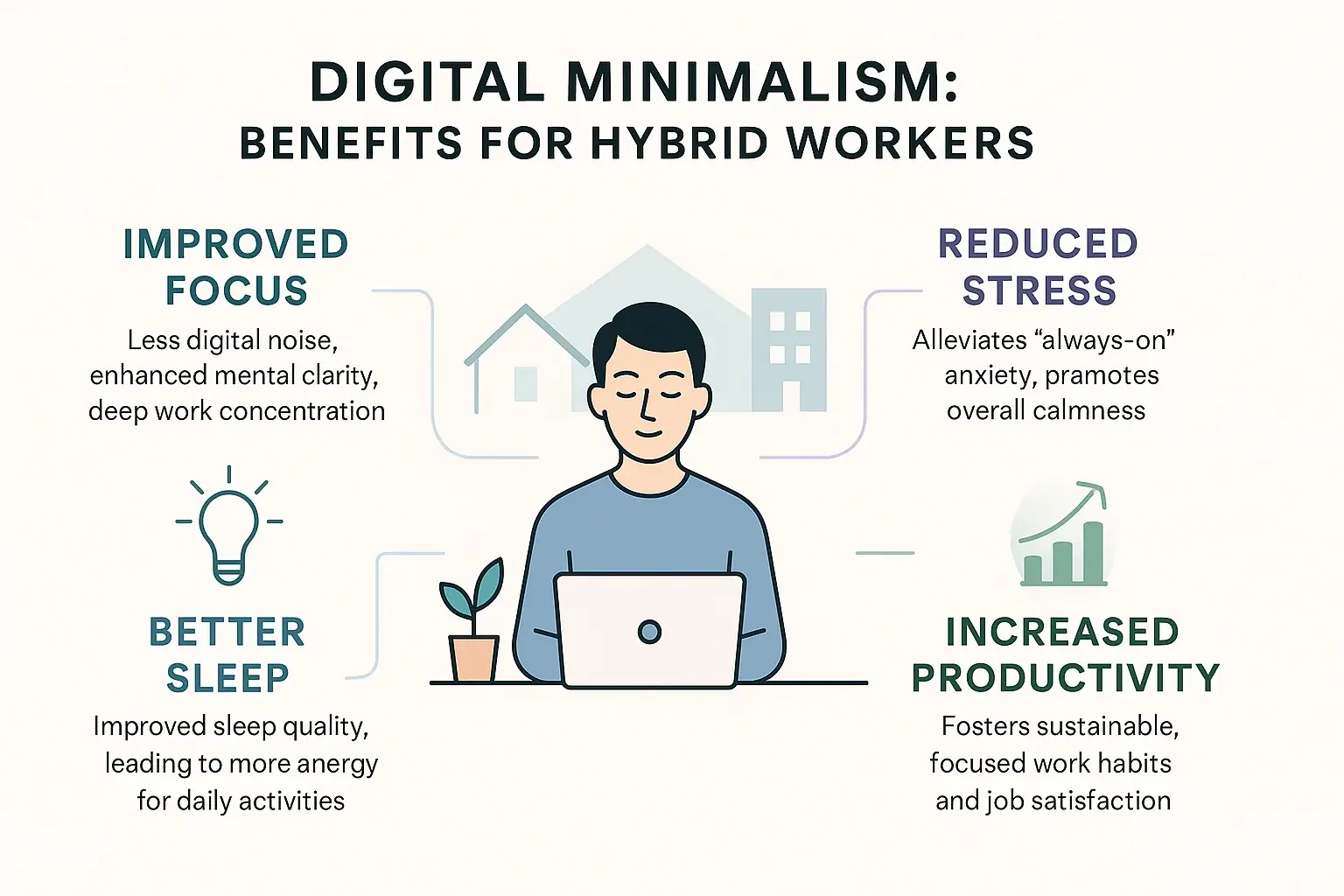 Infographic: Digital minimalism for hybrid work. Icons show benefits: focus, less stress, better sleep, productivity.