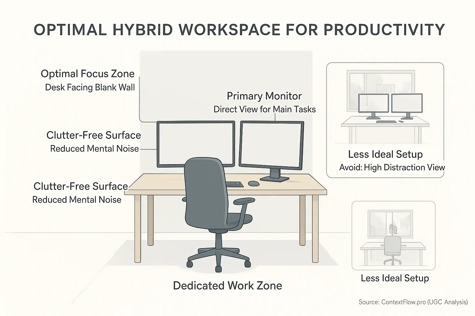 Infographic visualizing minimalist, distraction-free hybrid workspace: clear zones, optimal desk setup, clutter-free.