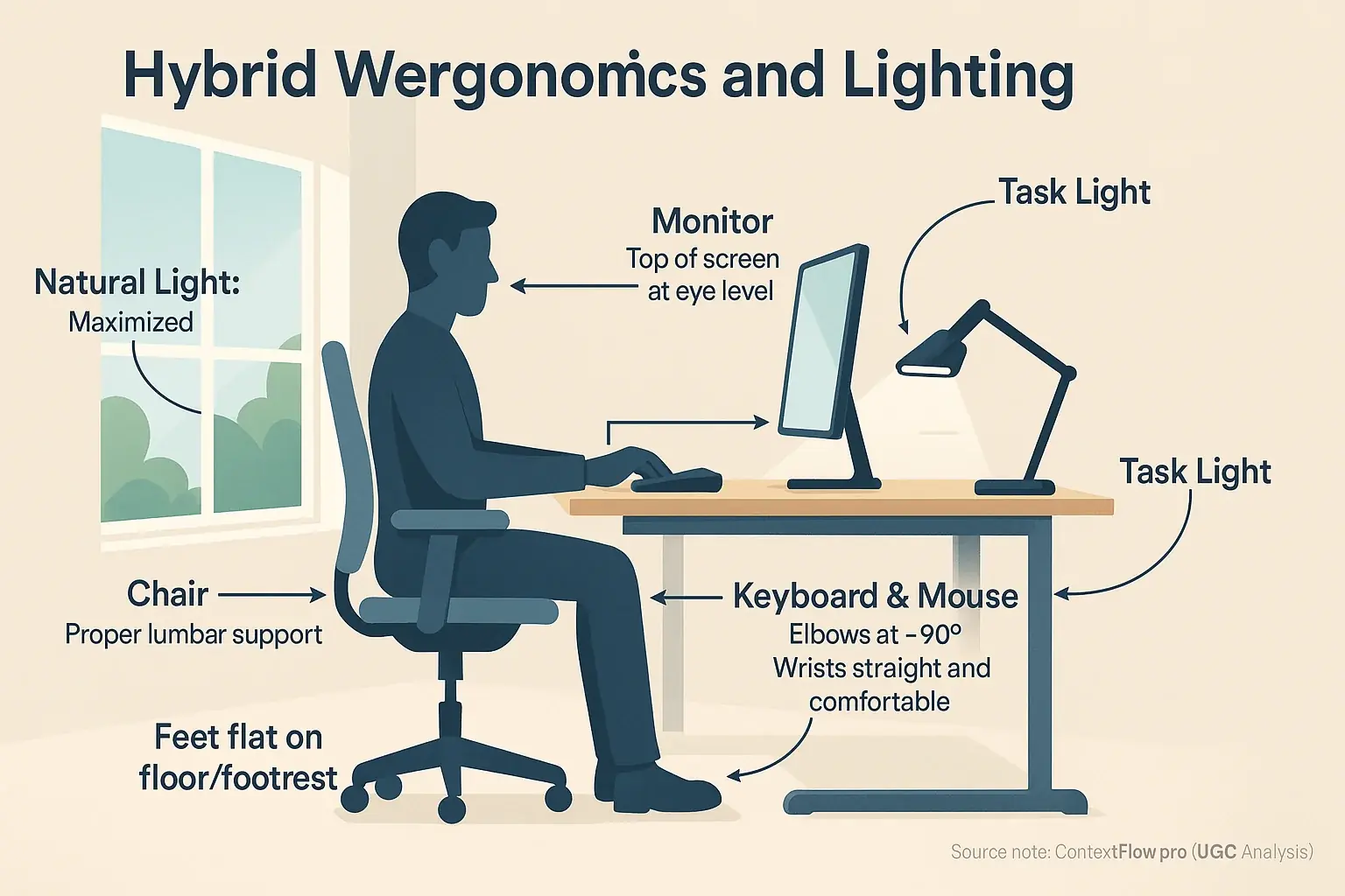 Infographic: Key ergonomic setup points (chair, monitor, keyboard, mouse) & optimal lighting for hybrid productivity.