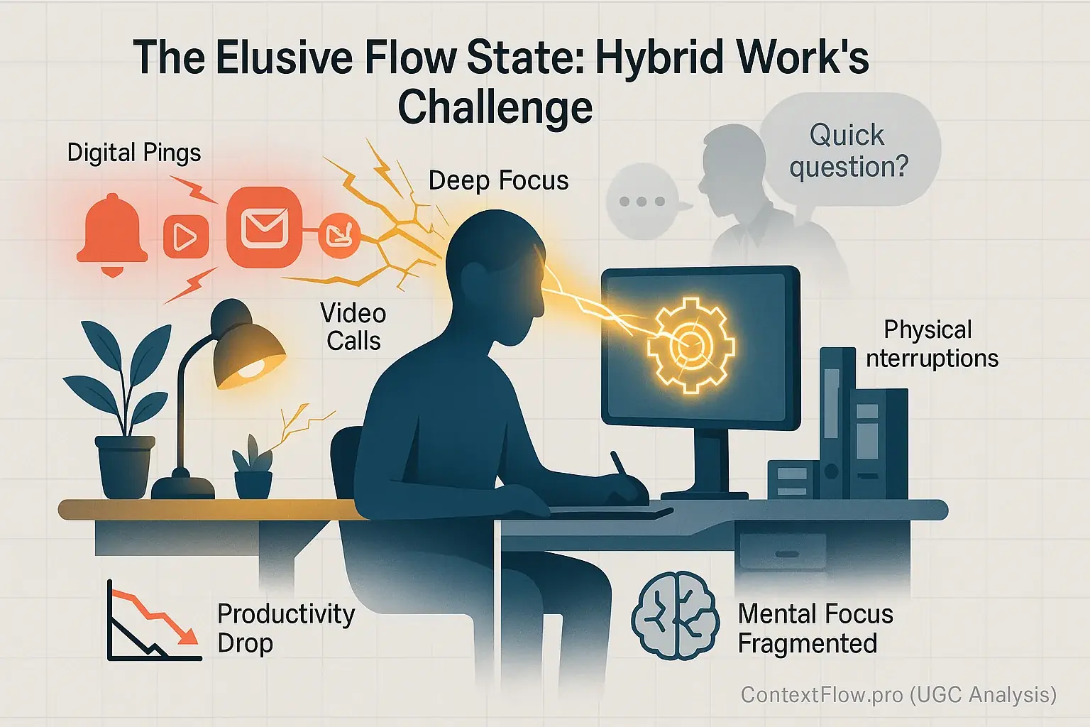 Infographic: Hybrid worker pulled from flow state by digital & physical distractions fragmenting their focus.