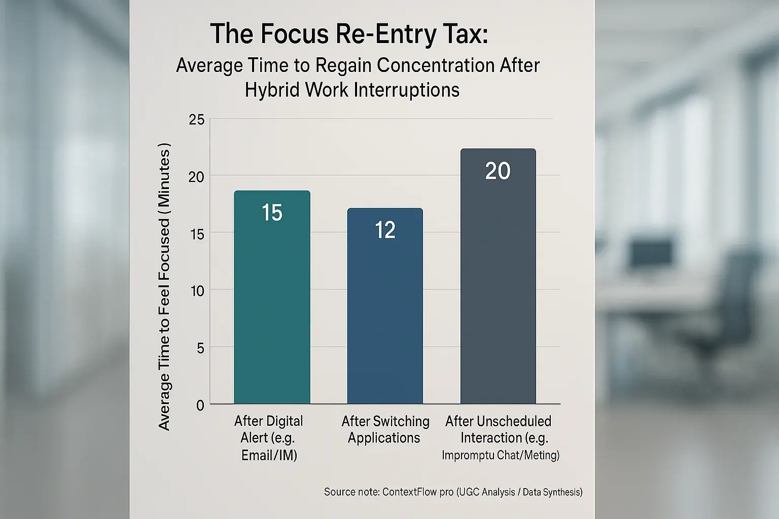 Bar chart: Average refocus times in hybrid work post-task switch, visualizing the flow entry barrier.