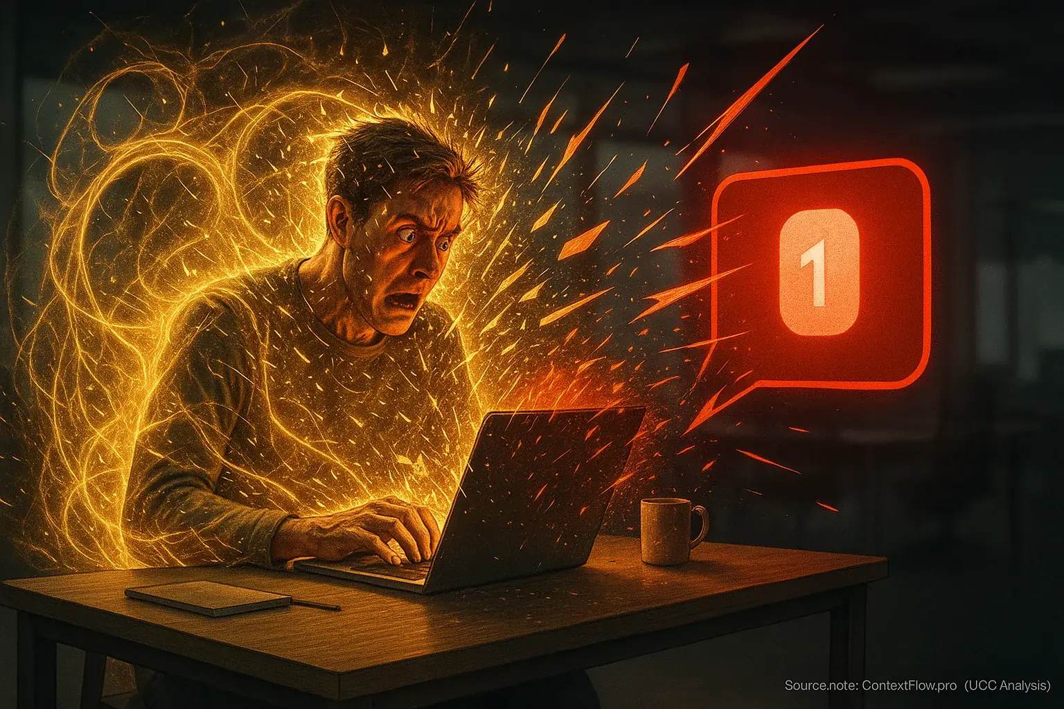 Focused person's 'flow state' aura shatters as an intruding notification or hand breaks their deep concentration.